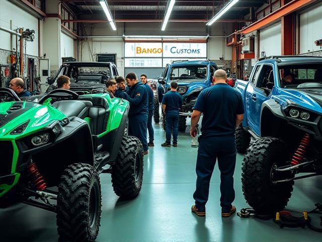 Bango Customs automotive shop with technicians working on vehicles