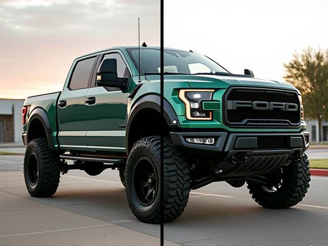 Side by side before and after images of a customized lifted truck