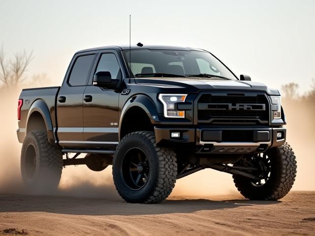 Lifted black truck with custom suspension and large off-road tires