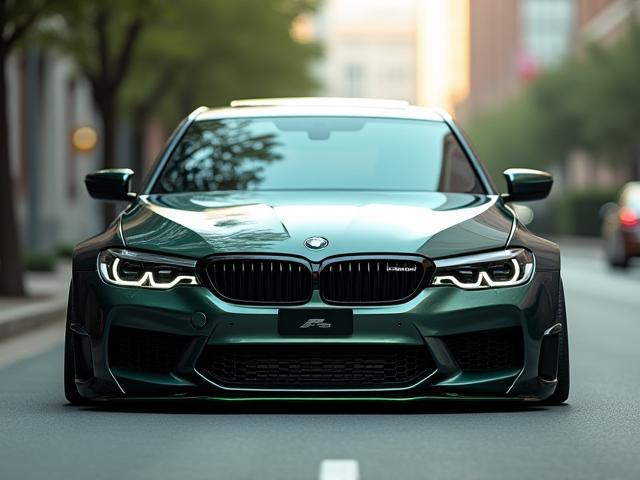 Lowered sleek sedan with aerodynamic body kit and performance wheels