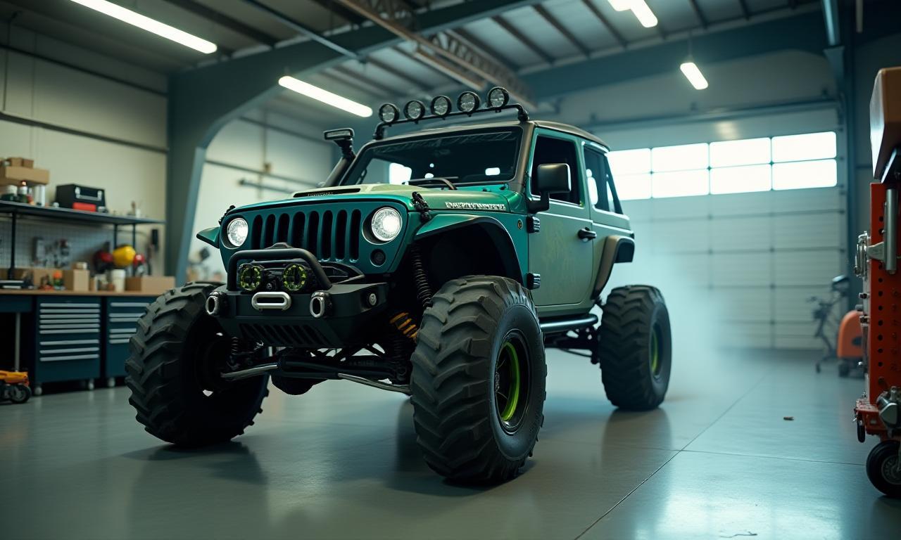 Dynamic garage with a customized off-road vehicle in action, showcasing automotive craftsmanship