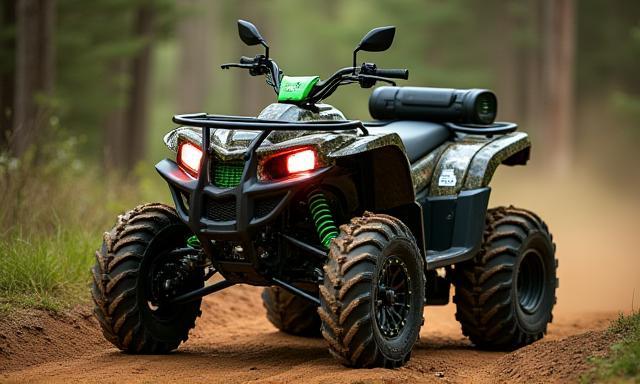 Customized ATV with lift kits, lighting, and audio upgrades for off-road adventure